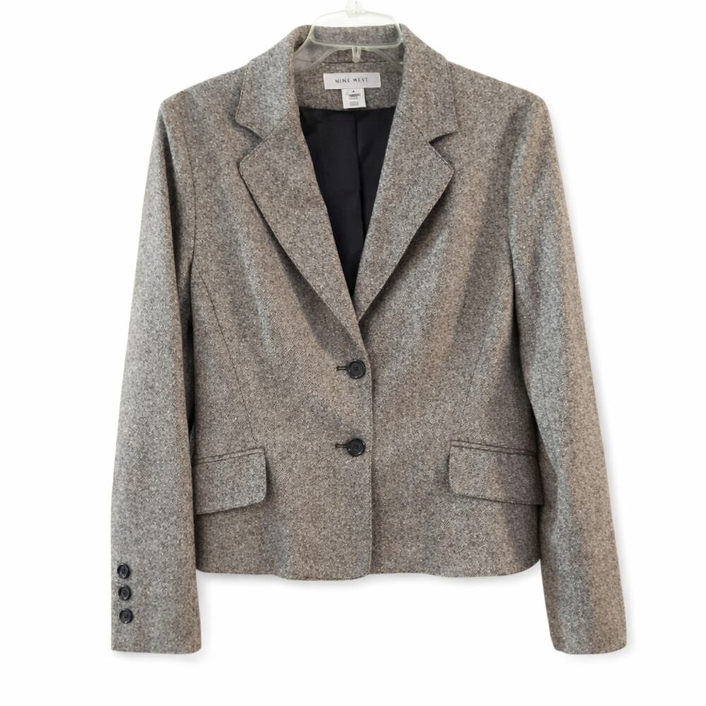 Y2K Nine West Wool Silk Blend Jacket Gray Herringbone Career Size 8 - Picture 3 of 9